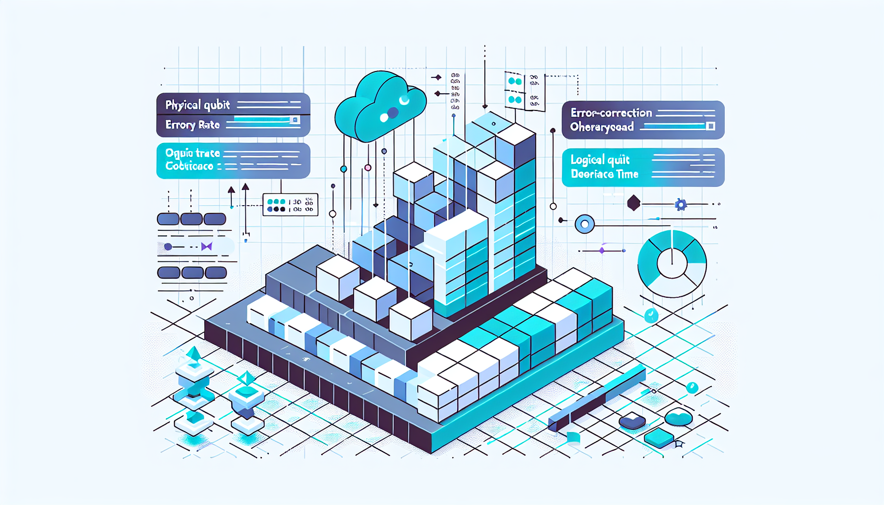 물리 큐비트와 논리 큐비트의 차이와 오류정정 오버헤드를 시각화한 인포그래픽 스타일 이미지