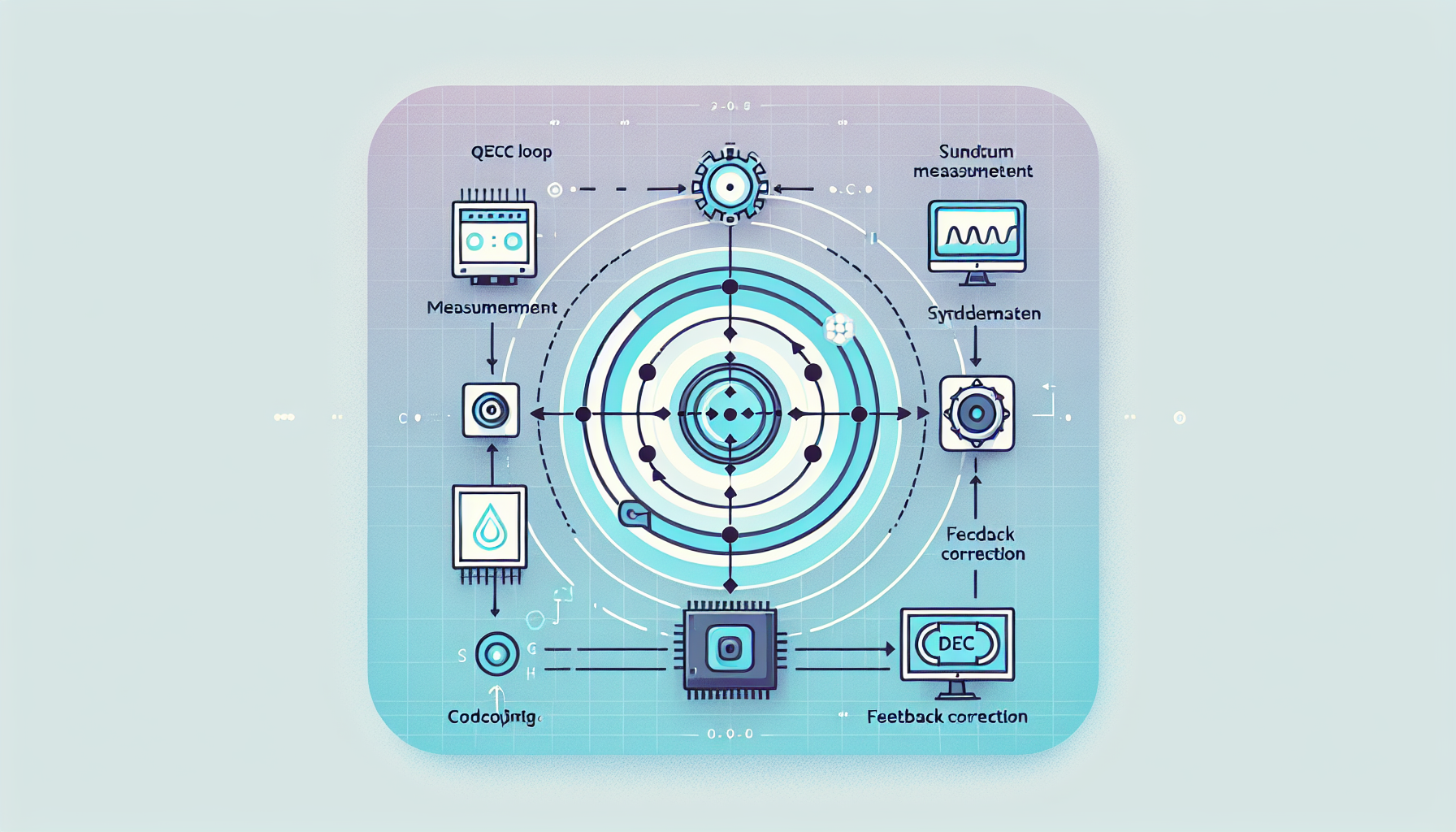 신드롬 측정-디코딩-피드백 정정으로 이어지는 양자 오류 정정(QEC) 흐름을 나타낸 순환 다이어그램