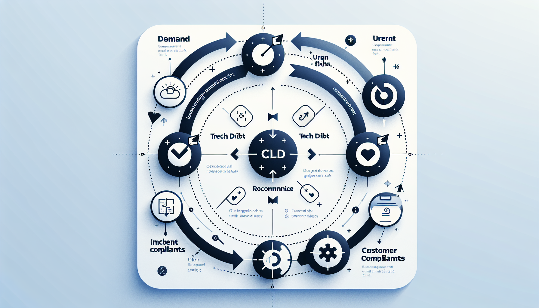 인과지도(CLD) 예시: 고객 불만-긴급 패치-기술부채-장애가 강화 루프로 연결된 다이어그램