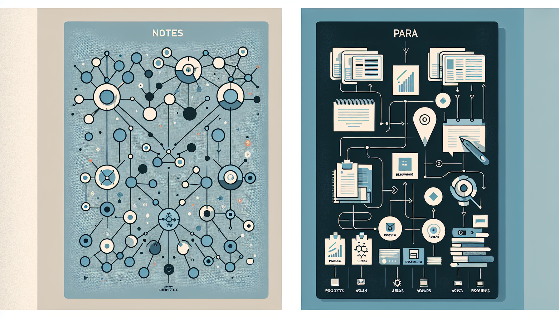 제텔카스텐의 링크 네트워크와 PARA의 4폴더 계층 구조를 시각적으로 비교한 도식