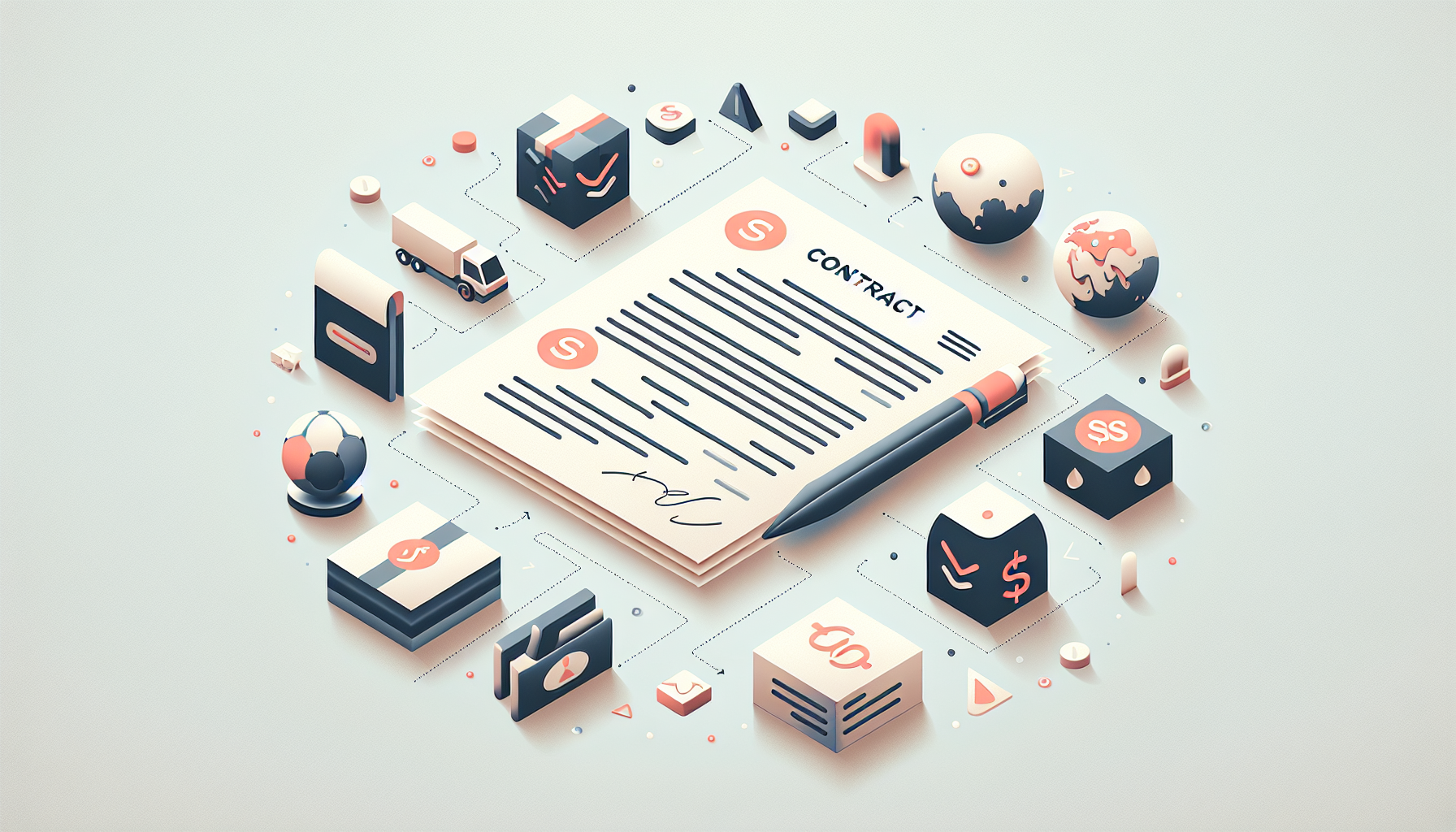 제재·결제·운송 리스크가 계약 조항을 두껍게 만드는 모습을 표현한 미니멀 일러스트